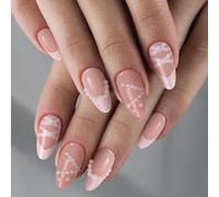 Ladiery Lot de 24 faux ongles artificiels réutilisables en forme d'amande française - Avec fleur blanche - Avec kit d'outils de colle - Pour mariage, festival, vacances - Cadeau