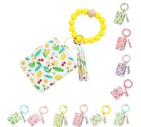 Ladies' Boho Style Wristlet Wallet Keychain with Beaded Tassel Decoration ID Bag Floral Print, Lightweight Feel Compact Size Soft Texture Pouch (Lemon-A)