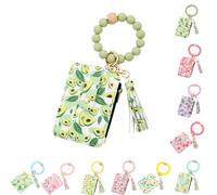 Ladies' Boho Style Wristlet Wallet Keychain with Beaded Tassel Decoration ID Bag Floral Print, Lightweight Feel Compact Size Soft Texture Pouch (Avocado)