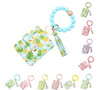 Ladies' Boho Style Wristlet Wallet Keychain with Beaded Tassel Decoration ID Bag Floral Print, Lightweight Feel Compact Size Soft Texture Pouch (Pineapple-A)