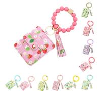 Ladies' Boho Style Wristlet Wallet Keychain with Beaded Tassel Decoration ID Bag Floral Print, Lightweight Feel Compact Size Soft Texture Pouch (Strawberry-A)
