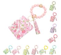 Ladies' Boho Style Wristlet Wallet Keychain with Beaded Tassel Decoration ID Bag Floral Print, Lightweight Feel Compact Size Soft Texture Pouch (Peach-A)