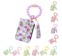 Ladies' Boho Style Wristlet Wallet Keychain with Beaded Tassel Decoration ID Bag Floral Print, Lightweight Feel Compact Size Soft Texture Pouch (Grapes)