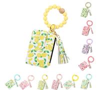 Ladies' Boho Style Wristlet Wallet Keychain with Beaded Tassel Decoration ID Bag Floral Print, Lightweight Feel Compact Size Soft Texture Pouch (Lemon-B)