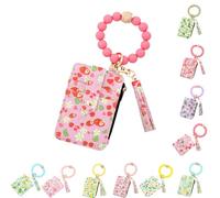 Ladies' Boho Style Wristlet Wallet Keychain with Beaded Tassel Decoration ID Bag Floral Print, Lightweight Feel Compact Size Soft Texture Pouch (Strawberry-B)