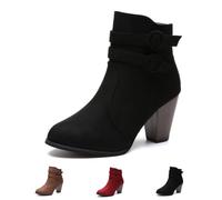 Ladies Chunky Block Heeled Ankle Boots, Mid Heel Boots With Zip Or Buckle | Chunky Stacked Heel Booties Comfortable Mid Heel Round Toe Boots for Ladies
