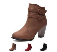 Ladies Chunky Block Heeled Ankle Boots, Mid Heel Boots With Zip Or Buckle | Chunky Stacked Heel Booties Comfortable Mid Heel Round Toe Boots for Ladies