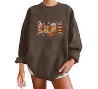 Ladies Coffee Cup Pumpkin Print Round Neck Casual Long Sleeve Top Sweatshirt Womens Halloween Jumpers (Coffee, M)