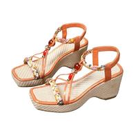 Ladies Mid Talon Wedge Espadrille Sandale Toe carré coloré tressé, strass glissant et élastique Slingback Strap Chaussures Chunky Block talons Sandale de plateforme confortable (Orange, 40)
