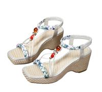Ladies Mid Talon Wedge Espadrille Sandale Toe carré coloré tressé, strass glissant et élastique Slingback Strap Chaussures Chunky Block talons Sandale de plateforme confortable (Silver, 43)