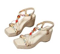 Ladies Mid Talon Wedge Espadrille Sandale Toe carré coloré tressé, strass glissant et élastique Slingback Strap Chaussures Chunky Block talons Sandale de plateforme confortable (Gold, 37)