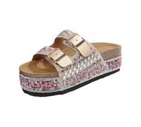 Ladies Summer Colour Blocking Slope Heel Thick Bottom Fish Mouth Large Size Sandals Slippers (Gold-b, 37)