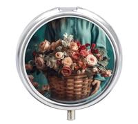 Lady Holding A Basket Pilulier de voyage à 3 compartiments 3 fois par jour Joli mini pilulier pour sac à main et poche Boîte à médicaments portable en métal avec miroir Récipient rond pour médicaments