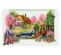 Ladybird set de broderie Spring Cottage, set de point de croix env. 47 x 32 cm, set complet pour un tableau de broderie carré, hobby artisanal pour adultes et enfants à partir de 8 ans