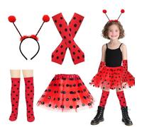 Ladybug Deguisement Fille,4 Pièces Costume Ladybug Enfant Avec Jupe Rouge Tutu Longues Chaussettes Gants Sans Doigts et Bandeau de Dame-Oiseau Jeu de Robe Fantaisie pour Fête à Thème de Carnaval