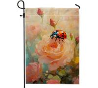 Ladybug Rouge Printanière Et Estivale Sur Une Rose Pêche Garden Flag Décoratif Drapeau De Jardin Résistant Aux Intempéries Drapeau Pour Fête Maison Célébrations 30X45Cm