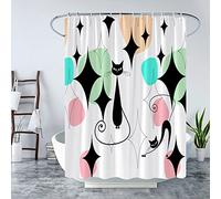 LAEDCIITI Mid Century Black Cat Shower Curtain Modern Atomic Abstract Geometric Iconic Pattern Retro Black Kitty Animal 1950s 1960s Vintage Funny Teal Fabric Bathroom Curtain Set with Hook