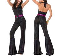 LAEMILIA Deguisement Disco Femme Tenue Année 70 Déguisement Année 80 Femme Retro Fancy Dress Hallowen Costume 2PCS Combinaison + Ceinture Carnaval Outfits Party Soirée Taille M-L / 36-44