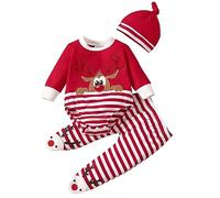 LAEMILIA Déguisement Noël Bébé Ensemble Noel Bébé Garçon Fille 3PCS Barboteuse + Pantalon + Chapeau Tenues de Noël en Coton Costume Elfe Renne Imprimé Rayé pour Nouveau-né Tout-petit 0-18 Mois
