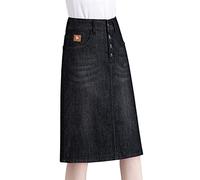 LAEMILIA Jupe en jean pour femme, longueur genou, taille haute, boutonnée sur le devant, couleur unie, vintage, mi-longue, jupe droite, Noir , 4XL