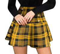 LAEMILIA Jupe plissée en laine pour femme - Taille haute - Polyvalente - Extensible - Jupe trapèze évasée - Style décontracté - Uniforme écossais - Mini jupe patineuse, 02 - Jaune, 42