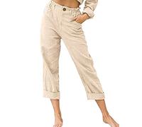 LAEMILIA Pantalon chino droit en lin avec poches pour femme Couleur unie Grande taille, beige, 42