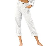 LAEMILIA Pantalon chino droit en lin avec poches pour femme Couleur unie Grande taille, blanc, 38