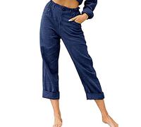 LAEMILIA Pantalon chino droit en lin avec poches pour femme Couleur unie Grande taille, bleu, 40