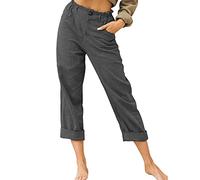 LAEMILIA Pantalon chino droit en lin avec poches pour femme Couleur unie Grande taille, gris, 46