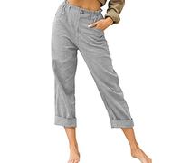 LAEMILIA Pantalon chino droit en lin avec poches pour femme Couleur unie Grande taille, gris clair, 42