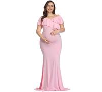 LAEMILIA Robe de maternité moulante à épaules dénudées et volants pour séance photo - Robe de maternité moulante pour fête prénatale, mariage, cocktail, fête, photographie unie, S-XL, rose, M