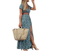 LAEMILIA Robe Femme Longue Eté Dress Elégant Boheme Chic Jupe Décontracté Col V Profond Fendue Haute Manches Courtes avec Ceinture pour Voyage Plage La Vie Quoditienne