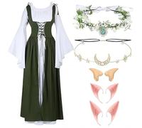 LAEMILIA Robe médiévale de la Renaissance pour femme - Costume de fée victorien - Couronne de fleurs, bandeau oreilles d'elfe - Costumes d'Halloween - Accessoires de cosplay pour adultes - Taille XS à