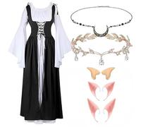 LAEMILIA Robe médiévale de la Renaissance pour femme - Costume de fée victorien - Couronne de fleurs, bandeau oreilles d'elfe - Costumes d'Halloween - Accessoires de cosplay pour adultes - Taille XS à