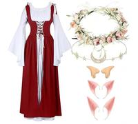 LAEMILIA Robe médiévale de la Renaissance pour femme - Costume de fée victorien - Couronne de fleurs, bandeau oreilles d'elfe - Costumes d'Halloween - Accessoires de cosplay pour adultes - Taille XS à
