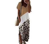 LAEMILIA Robe Tee Shirt Femme Longue et Large Robe Eté Chic Grande Taille Maxi T-Shirt Manche Courte Col en V Robe de Plage Casual Robe de Chambre Léopard Chemise de Nuit 36-50