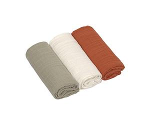 LÄSSIG Bébé Couverture de puériculture Drap de puériculture Lot de 3 en coton 60 x 60 cm/Swaddle & Burp Blanket M olive/milky/rust