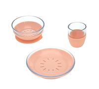 LÄSSIG Set de vaisselle pour enfant en verre (gobelet, bol et assiette) robuste, avec base en silicone, passe au lave-vaisselle et au micro-ondes, set de plats, en verre et silicone orange