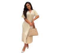 Laeuokie Élégante robe longue en tricot cintrée pour femme, robe longue boutonnée à manches cloches et col rond coupe ajustée, abricot, Taille L