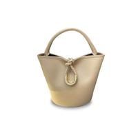 Laeuokie Sac seau en cuir véritable tissé pour femme avec fermeture à nœud - Sac polyvalent à main, à bandoulière et à bandoulière, Thé au lait tissé uni, 9.45" L x4.72" W x 7.09" H