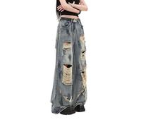 Lafaguw Jean baggy pour femme et homme - Pantalon à jambe droite déchiré taille haute - Jeans vieilli Y2K Grunge - Vêtements d'été, Bleu 6, XL