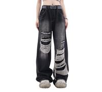 Lafaguw Jean baggy pour femme et homme - Pantalon à jambe droite déchiré taille haute - Jeans vieilli Y2K Grunge - Vêtements d'été, noir 1, L