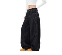 Lafaguw Jean baggy pour femme et homme taille haute coupe baril jeans décontracté ample denim vêtements streetwear, noir 1, M