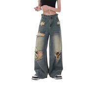 Lafaguw Jean baggy pour femme et homme taille haute pantalon large Y2K Grunge Streetwear été Emo Vêtements, Bleu 7, S