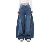 Lafaguw Jean baggy pour femme et homme taille haute Y2K décontracté ample denim vêtements grunge., bleu 2, XS