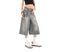 Lafaguw Jean court pour femme et homme - Taille haute - Jambe large - Baggy Jorts Y2K - Décontracté - Pantalon capris en denim - Vêtements d'été grunge., Bleu clair 1, X-Small court