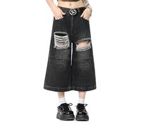 Lafaguw Jean court pour femme et homme - Taille haute - Jambe large - Baggy Jorts Y2K - Décontracté - Pantalon capris en denim - Vêtements d'été grunge., noir 3, Medium court