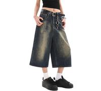 Lafaguw Jean court pour femme et homme - Taille haute - Jambe large - Baggy Jorts Y2K - Décontracté - Pantalon capris en denim - Vêtements d'été grunge., Bleu rétro 1, M court