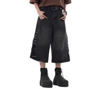 Lafaguw Jean court pour femme et homme - Taille haute - Jambe large - Baggy Jorts Y2K - Décontracté - Pantalon capris en denim - Vêtements d'été grunge., Noir 5, XL taille courte