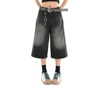 Lafaguw Jean Court pour Femme et Homme - Taille Haute - Jambe Large - Baggy Jorts Y2K - Décontracté - Pantalon Capris en Denim - Vêtements d'été Grunge., Noir 1, Large Court